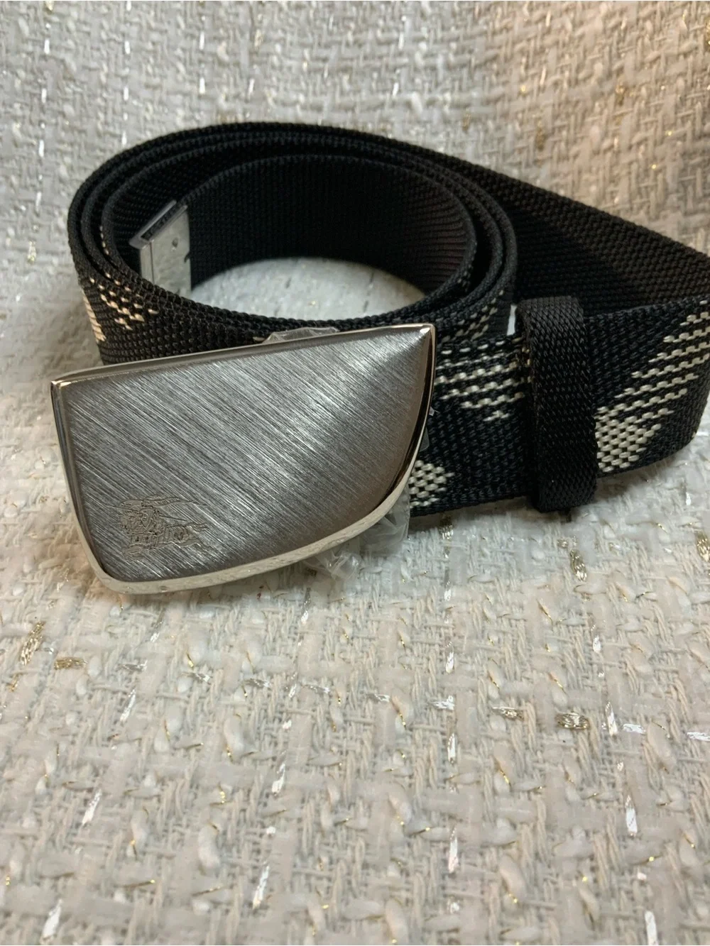 Burberry Black and White Webbing Belt with Brushed Silver Buckle